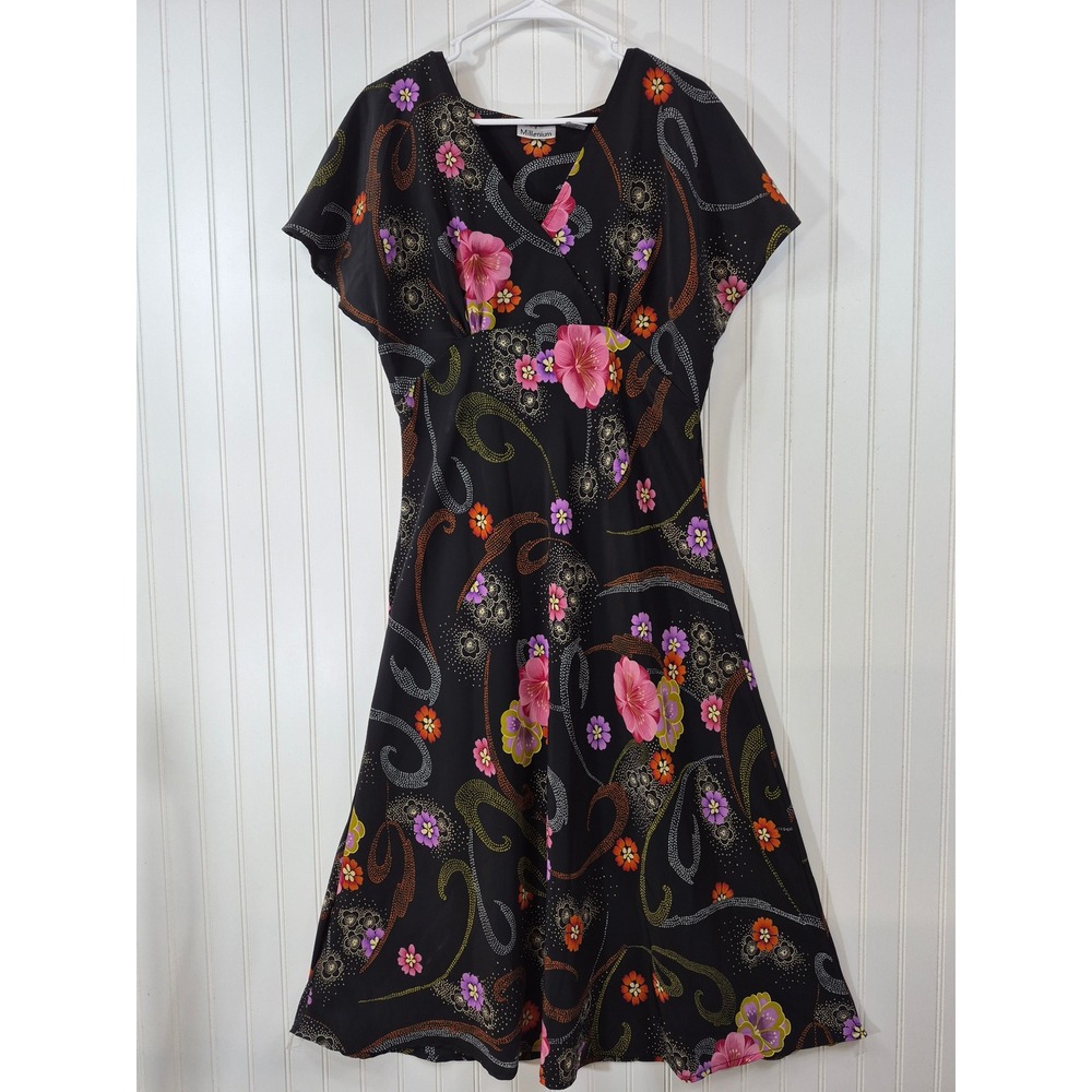 Millenium Floral Paisley Faux Wrap Midi Dress Black Pink Split 
Sleeve 16 Sheer